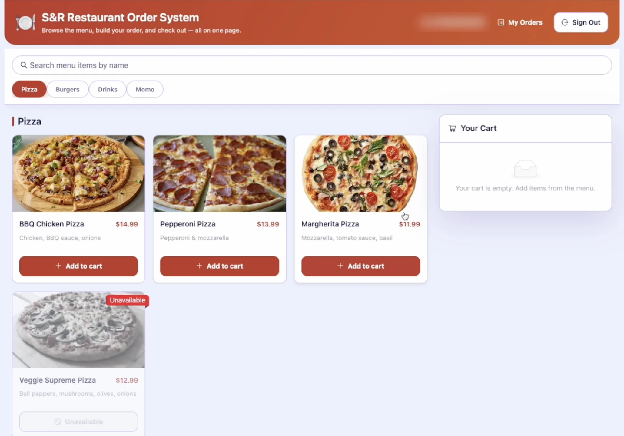 S&R Restaurant Order System: a pizza menu with prices, add-to-cart buttons, an unavailable item and the cart panel