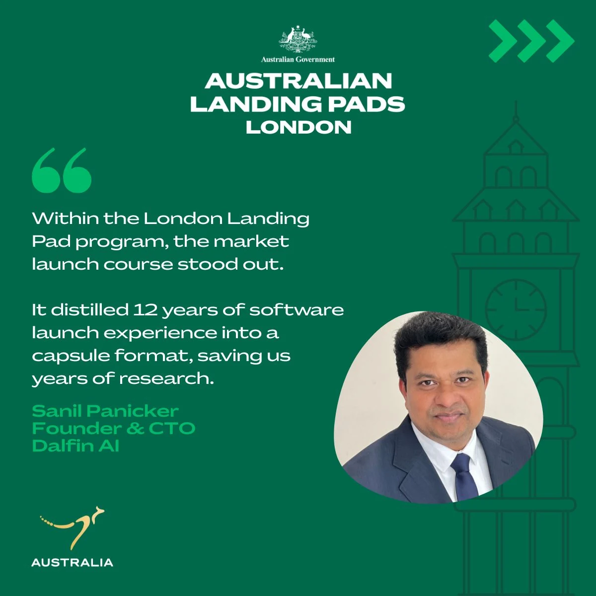Austrade-published participant feedback from Dalfin AI’s founder.